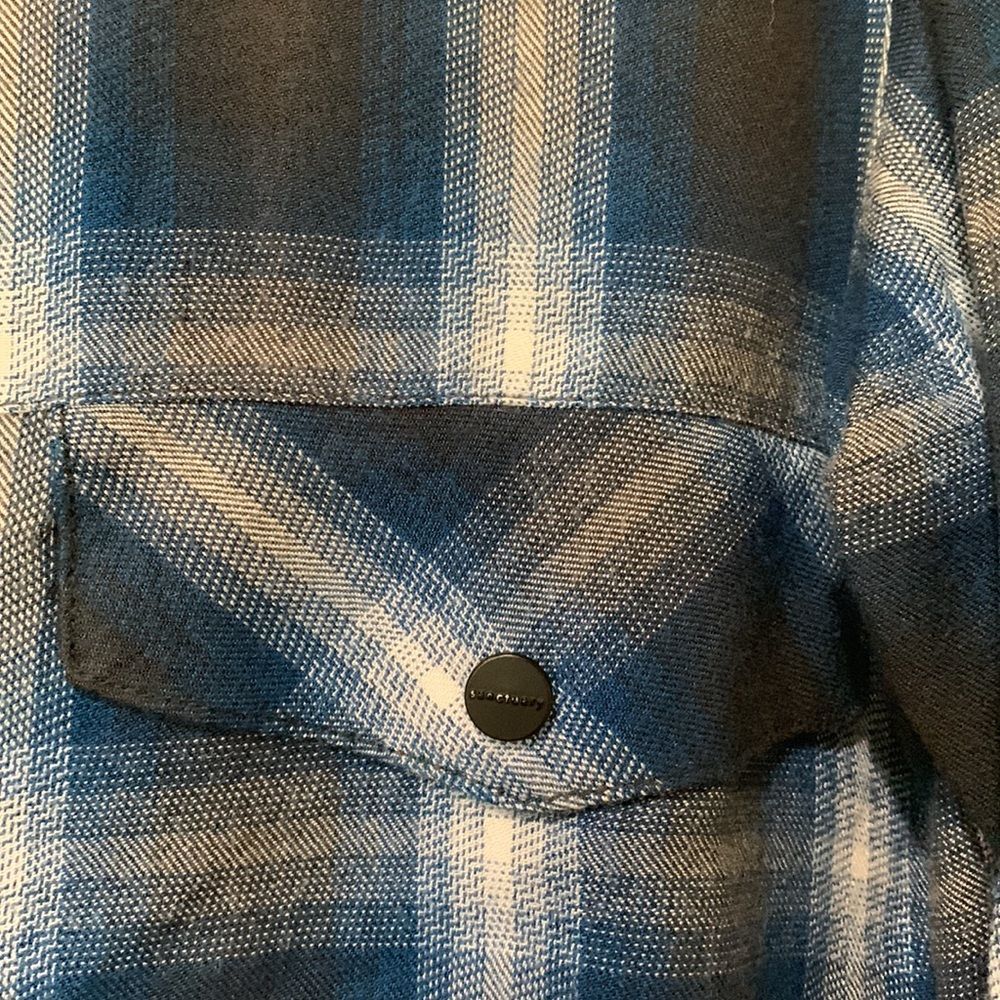 Sanctuary Teal and white Plaid Small Long sleeve blouse with tabs on shoulder - Picture 8 of 9